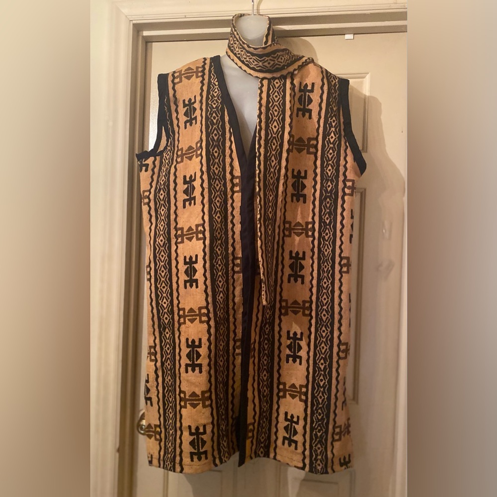 African 3 piece mudcloth set. Unisex. Knee length Vest, scarf and hat.